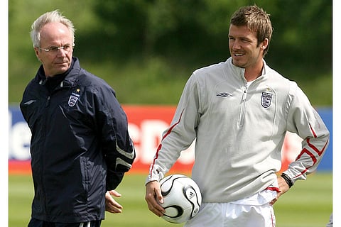 Soccer Eriksson Obit: England's manager Sven-Goran Eriksson, left and player David Beckham in Manchester, England, June 1, 2006.